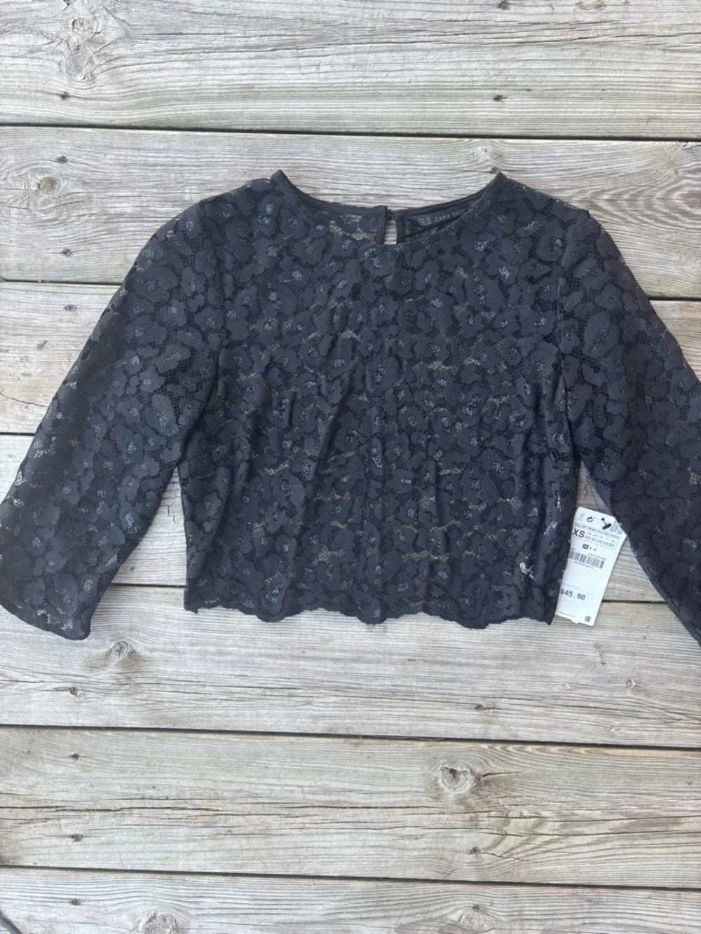Zara Black Lace Sheer Cropped Top XS Floral 3/4 Sleeve NWT - Picture 1 of 11